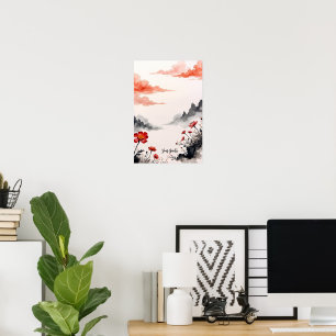 Poster Arte de Papoula em Tinta Chinesa
