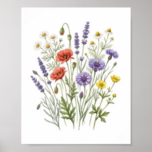 Poster Arte de Papoulas Vermelhas e Lavandas Silvestres V