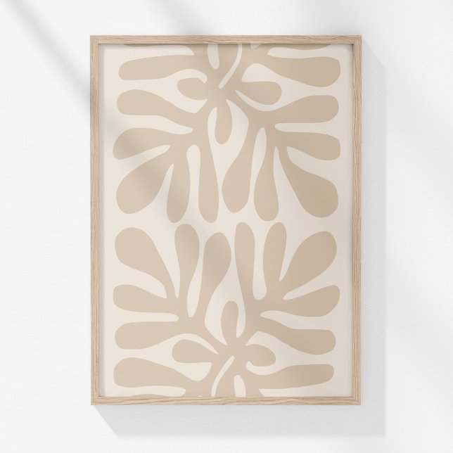 Poster Arte de Parede Abstrata Botânica Boho Neutra Impre (Boho Muted Beige Neutral Botanical Abstract Art Poster in a wooden frame on a sunny white wall.)