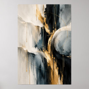 Poster Arte de Parede Abstrata Curva em Ouro Marfim Preto