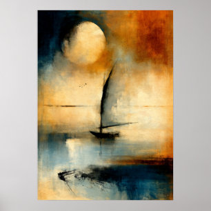 Poster Arte de Parede Abstrata de Barco Sumi-E Japonês Lu