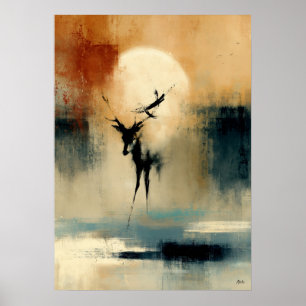 Poster Arte de Parede Abstrata de Veado Japonês Sumi-E Lu