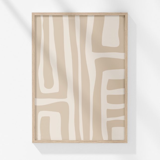 Poster Arte de Parede Abstrata em Linha Neutra Boho Moder (Boho Modern Muted Beige Neutral Abstract Art Poster in a neutral wooden frame on the wall.)