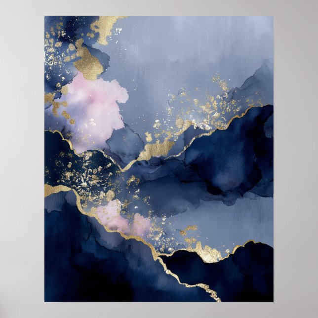 Poster Arte de Parede Abstrata Moderna Azul Naval Dourada (Frente)