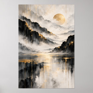 Poster Arte de Parede Abstrata Montanha Nebulosa Sol Dour