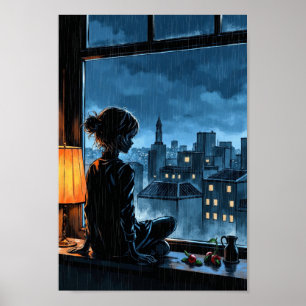 Poster Arte de Parede Anime Chuva Aconchegante na Janela