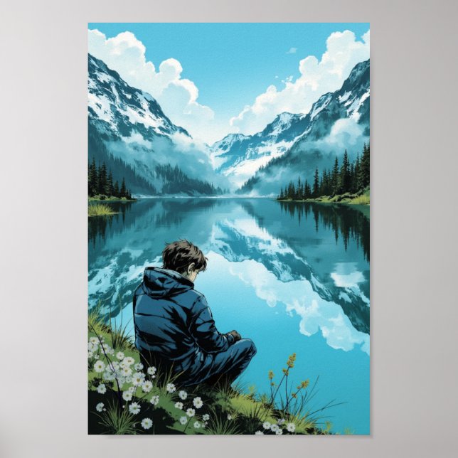 Poster Arte de Parede Anime Montanha Lago Serenidade (Frente)