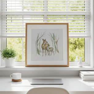 Poster Arte de Parede Aquarela de Cervo e Cria