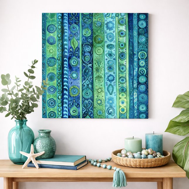 Poster Arte de Parede Aquarela em Listras Boho Azul Verde (Blue and green boho-inspired. wall art)