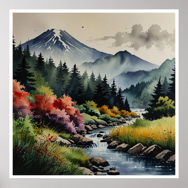 Poster Arte de Parede Aquarela Montanhas Japonesas (Frente)