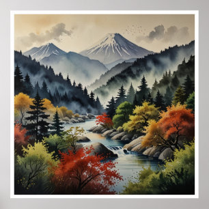 Poster Arte de Parede Aquarela Montanhas Japonesas