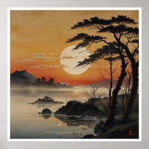 Poster Arte de Parede Aquarela Montanhas Japonesas