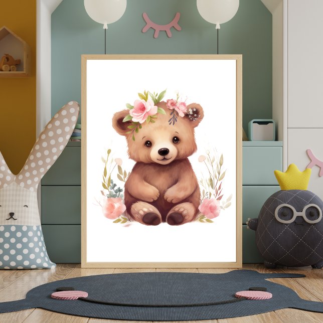 Poster Arte de Parede Aquarela Ursinho Rosa para Quarto d (Nursery Print Baby Bear Pink Flowers. Nursery decor. Printed or digital download)