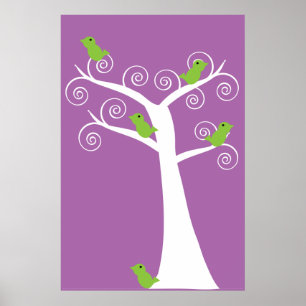 Poster Arte de Parede Árvore Branca Pássaros Verdes Capri