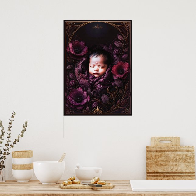 Poster Arte de Parede Bebê Místico e Flores Roxas (Cozinha)
