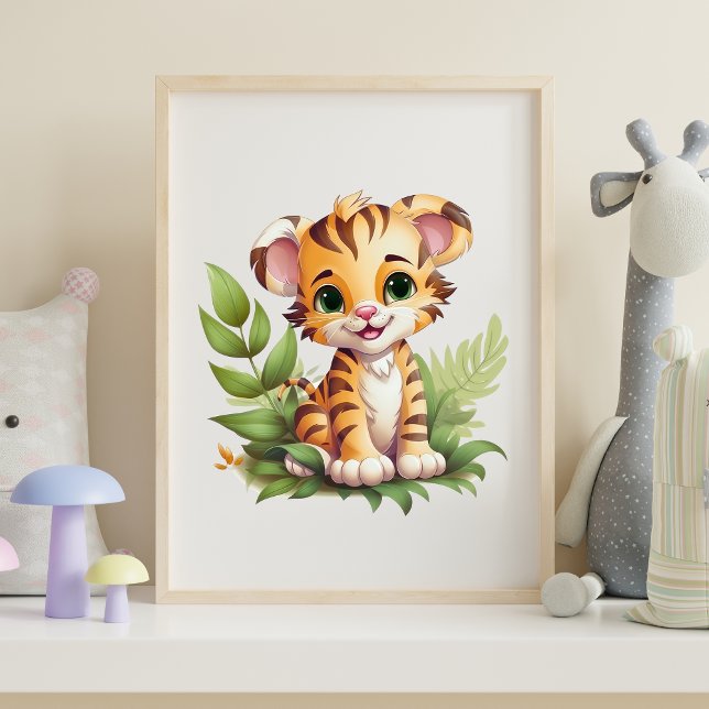 Poster Arte de Parede Berçário Folhas de Selva de Tigre B (Baby Tiger with Jungle Leaves Nursery Wall Art Poster Print Available in many sizes, Framed or not)