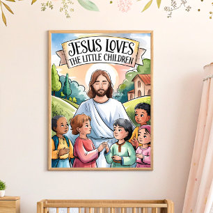 Poster Arte de Parede Berçário Jesus Ama as Crianças Pequ