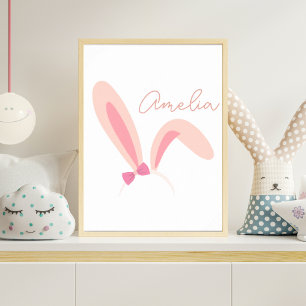 Poster Arte de Parede Berçário Orelhas de Coelho Rosa Per