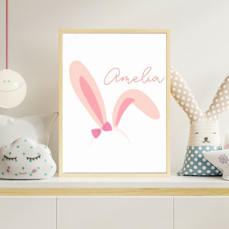 Poster Arte de Parede Berçário Orelhas de Coelho Rosa Per