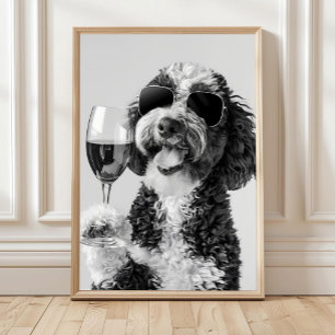 Poster Arte de Parede Bernedoodle Bebendo Vinho, Preto e