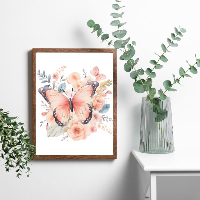 Poster Arte de Parede Borboleta Floral Rosa Aquarela  (Pink Butterfly Floral Watercolor Wall Art Poster, Framed or Unframed)