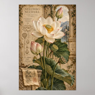 Poster Arte de Parede Botânica Lótus Branco Vintage