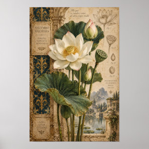 Poster Arte de Parede Botânica Lótus Branco Vintage