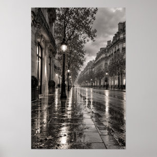 Poster Arte de Parede Boulevard Europeu Chuvoso Preto e B