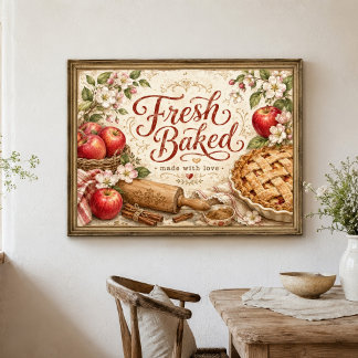 Poster Arte de Parede Casa de Campo Torta de Maçã Cozinha