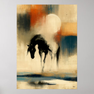 Poster Arte de Parede Cavalo Abstrato Sumi-E Japonês Lua