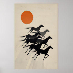 Poster Arte de Parede Cavalos Minimalista Silhuetas Preta