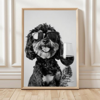Poster Arte de Parede Cavapoo Preto e Marrom Bebendo Vinh