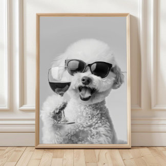 Poster Arte de Parede com Bichon Frise Segurando Vinho, P