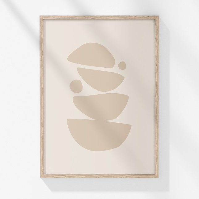 Poster Arte de Parede com Formas Abstratas Neutras Minima (Boho Modern Muted Beige Neutral Bowls Abstract Art Poster in a neutral wooden frame on a sunny wall.)