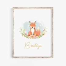 Arte de Parede com Nome de Floral Fofo de Raposa p