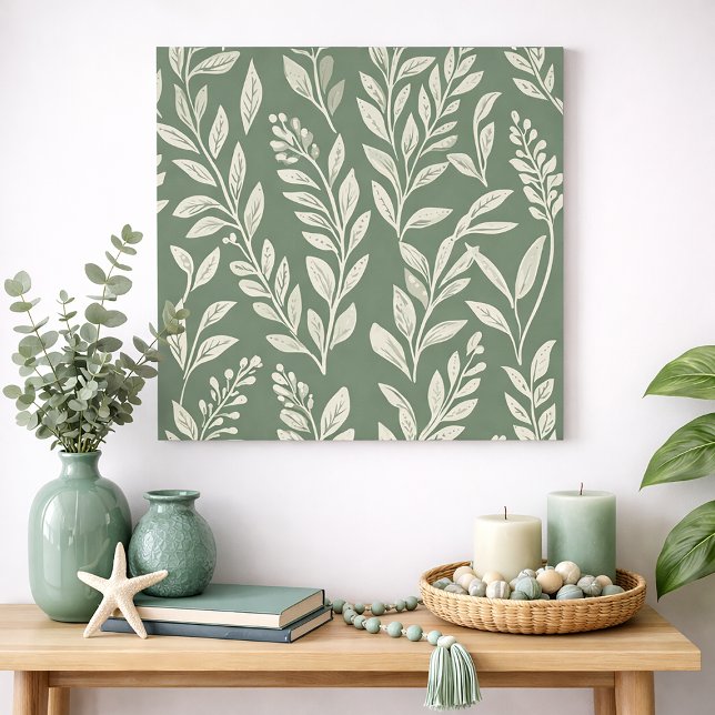 Poster Arte de Parede com Padrão de Folhas Botânicas em V (Sage green and cream leaves art print)