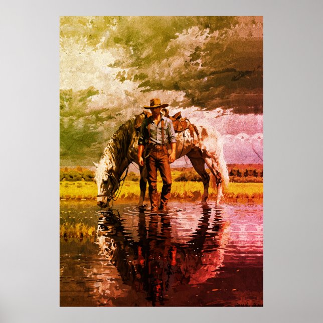 Poster Arte de Parede com Reflexo de Cowboy e Cavalo – Oc (Frente)