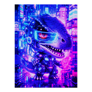 Pôster Arte de Parede Cute Cyberpunk Dinossauro Neon Cida