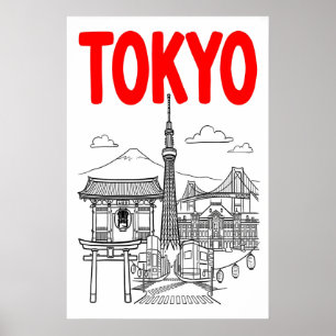 Poster Arte de Parede da Cidade de Tóquio Letra Vermelha 