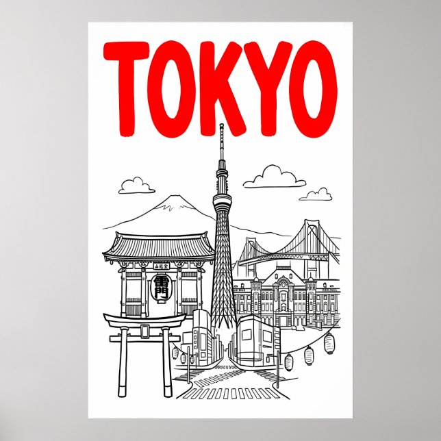 Poster Arte de Parede da Cidade de Tóquio Letra Vermelha  (Frente)