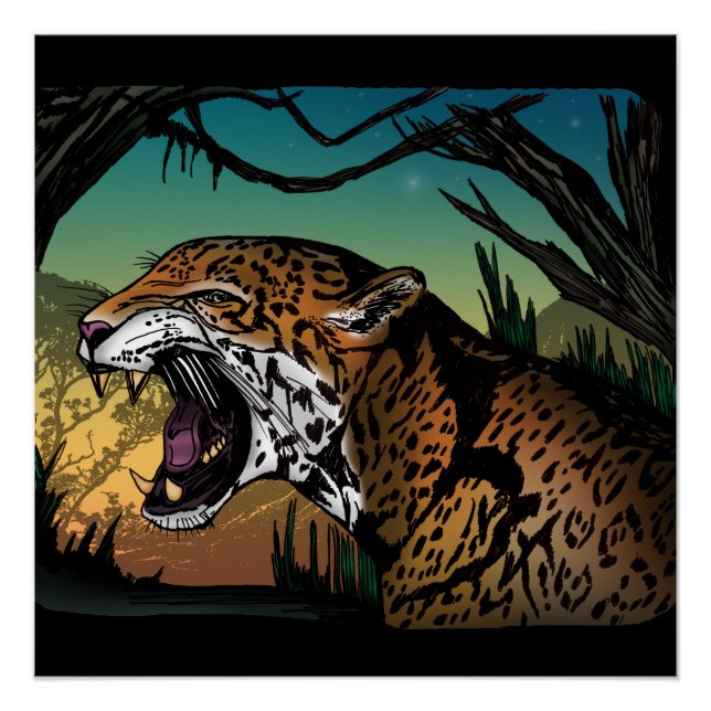 Pôster Arte de Parede da Selva com Jaguar Rosnando – Gato (Frente)