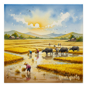 Pôster Arte de Parede da Vila da Colheita de Arroz