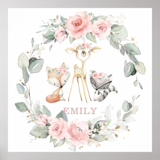 Poster Arte de Parede de Animais da Floresta com Flora Ro (Frente)