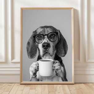 Poster Arte de Parede de Beagle Bebendo Café, Preto e Bra