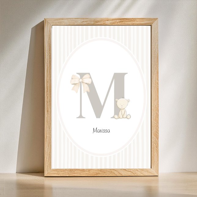Poster Arte de Parede de Berçário com Letra M Personaliza (Letter M Nursery Wall Art - Custom Baby Name Print)