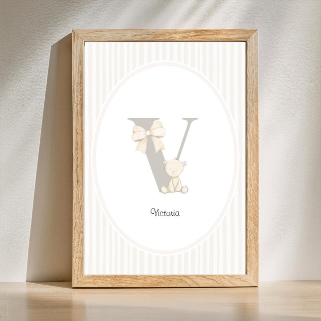 Poster Arte de Parede de Berçário com Letra V Personaliza (Letter V Nursery Wall Art - Custom Baby Name Print)