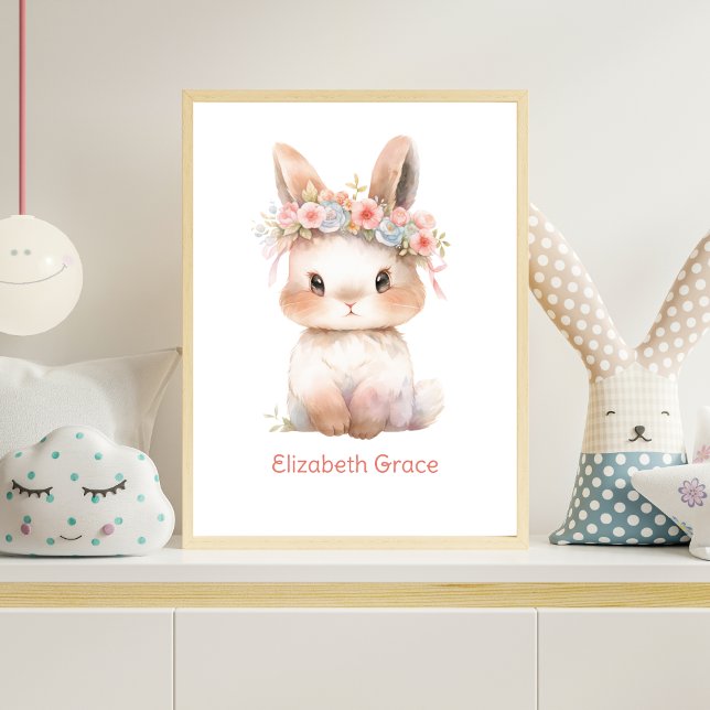 Poster Arte de Parede de Berçário de Coelhinho Bebê com F (Baby Bunny Pink Flowers on head watercolor Nursery Wall Art, Monogram with babies name or other text)