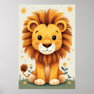 Poster Arte de Parede de Berçário de Leão Fofo Selva