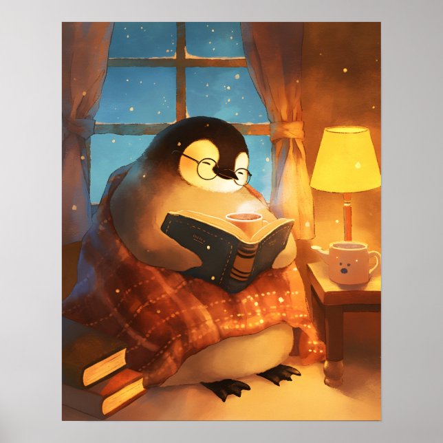 Poster Arte de parede de berçário de pinguim lendo aconch (Frente)