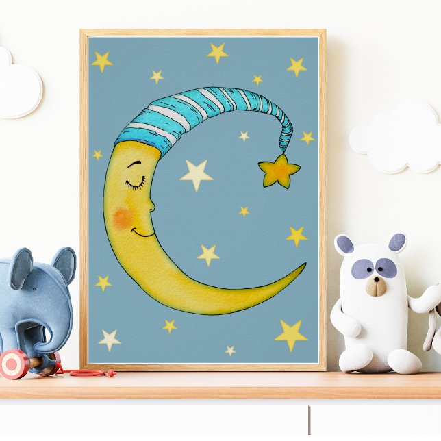 Poster Arte de Parede de Berçário Lua Estrelas Amarelo Az (Criador carregado)